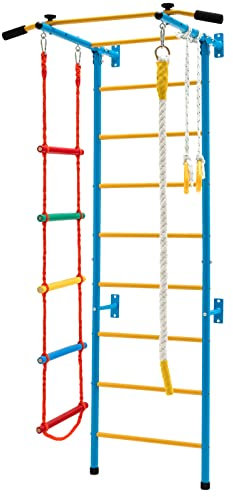 GYMAX Swedish Ladder Wall Set, 5 in 1 Gymnastics Wall Bar with Pull-Up Bar, Rope Ladder, Gymnastic Rings & Rope, Indoor Kids Climbing Wall for Children Age 3+ Years Old (Yellow+Blue)