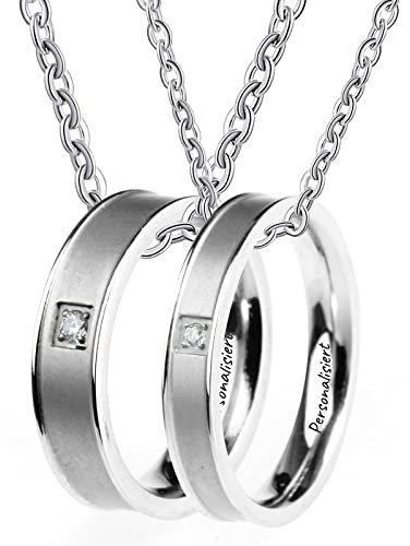 Bishilin Paar Halskette Personalisiert, Kette Silber 60CM mit Charms Anhänger Ring Zirkonia Partnerketten für 2