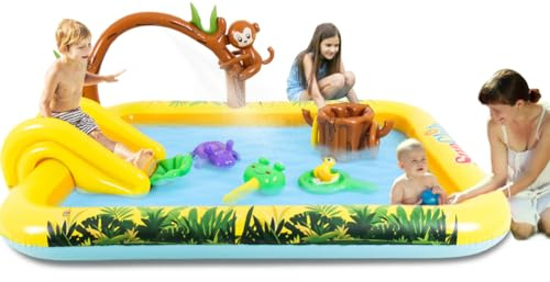 Inflatable Play Center, Inflatable Swimming Pool with Slide, Cartoon Animals Sprinkler Toy with Base Pool, Monkey, Tree Stump for Garden Backyard