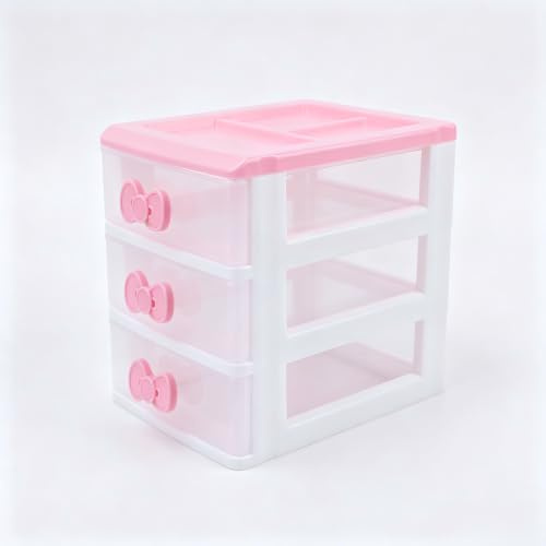 Schöne Mädchen rosa Farbe Kawaii & niedliche Desktop-Schublade Aufbewahrungsbox Empfänger Organizer mit rosa Schleife für Badezimmer Bürokommode (3 Schichten)