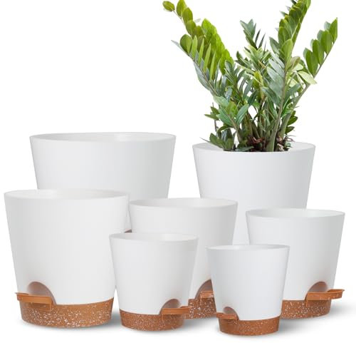 Fioriere Autoinnaffianti 20.32+19.05+17.78+16.51+15.24+13.97+12.7CM, Vasi per Piante d'Appartamento e Esterno in Plastica Bianca con Serbatoio Profondo e Foro di Drenaggio