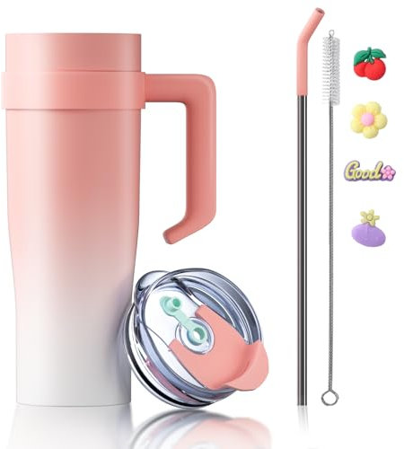 Exsivemy 40oz 1200ml Kaffeebecher to go,Thermobecher Mit Henkel,Coffee to go Becher Mit Auslaufsicherem Deckel,Thermobecher Mit Strohhalm,Doppelwandiger Edelstahl Vakuum Isolierbecher