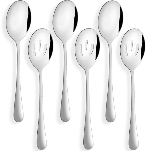 Tiokin Servierlöffel-Set - 3 Servierlöffel und 3 Schlitzlöffel, 8.7Inch (22,1 cm) Edelstahl-Servierutensilien für Buffet, Partys, Bankett, Kochen, Küche - 6 Stück