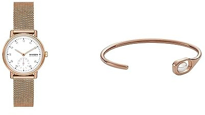 Skagen Kuppel Damenuhr und Agnethe Manschettenarmband - Lille Zweizeiger-Sub-Sekunde, Rose Gold Edelstahluhr und Agnethe Muschelperlenarmband