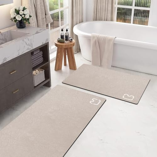 Omulla 2 delar badrumsmattor badmatta set matta för halkskydd superabsorberande tunn kiselsten snabbtorkande duschmatta, golv kök/duschrum 40 x 47,2 tum + 15,6 tum x 60 cm, brungrå