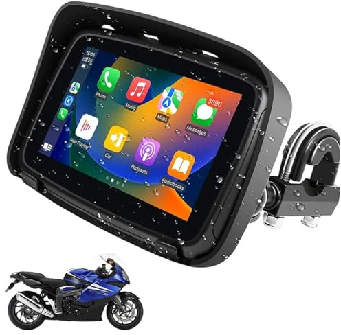 Portatile Wireless Carplay Android Auto Moto monitor per GPS, Display 5 IPS Touch Screen per Moto, Impermeabile IPX7, Doppio Bluetooth, Supporto Siri, Assistente Google e Auricolare/Casco Bluetooth