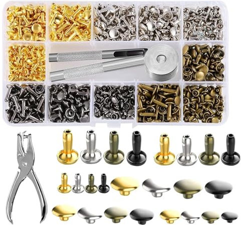 GIGIIS Rivets en cuir 480 Ensembles de 3 Tailles Double Rivet Goujons Tubulaires en Métal Rivets de Remplacement Réparations Décoration avec 3 Pièces Outil de Fixation et Punch Pince