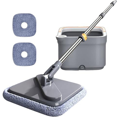 Balai à franges carré - Seau auto-lavable avec essoreur - Kit seau à serpillère rotatif à 360° - Balai de nettoyage humide et sec pour nettoyage des sols, baignoires, couvertures (ensemble + 2