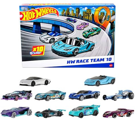 Hot Wheels Coffret de 10 voitures de course dont une Corvette, une Lamborghini, une McLaren et des voitures originales Hot Wheels à l’échelle 1/64 (exclusivité Amazon), HYM96