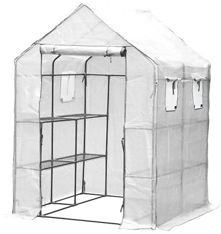 Fiqops Foliengewächshaus Gewächshaus mit 8 Regalen und Fliegengitter, Gewächshaus Garten 143x143x195CM, Foliengewächshaus Winterfest und Wasserdicht, Gartengewächshäuser, Weiß