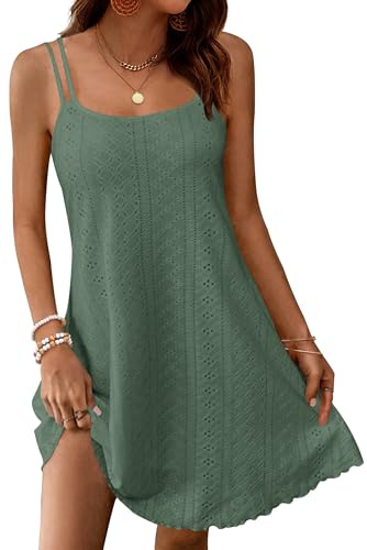 WNEEDU Abiti Estivi Donna Senza Maniche Vestito Leggero con Spalline Sottili Corto al Ginocchio Casual Abito Scollo Rotondo Verde Scuro L