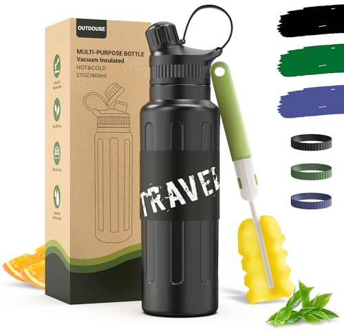 Stainless Steel Water Bottle, Insulated Water Bottles-500ML/800ML, Thermal Bottle Cold Drinks Water Bottle with Straw, 3 Silicone Straps, BPA-Free, Thermal Flask for Travel, Fitness, Sports(800ML)