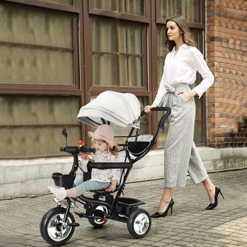 OHMG Dreirad 4 in1 Kinderdreirad mit Schubstange Stange,Drehbarer Sitz,ab 1 Jahr,Gummiräder Buggy Fahrrad Baby Klappbar,Ausklappbarem Verdeck,Korb,Pedal,bis 25 kg (Grau)
