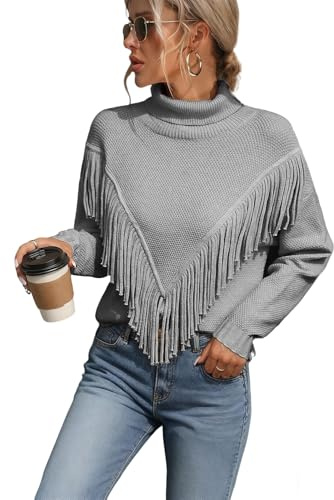 crazy bean Maglione Collo Alto Lungo Donna Pesante Moda Maglioni con Frange Manica Lunga Pullover Manica Lunga Slim Fit Caldo Grigio XL