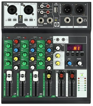 Tragbarer 4-Kanal Audio Mixer mit Bluetooth-Modul, Mini-Audio-DJ-Mixer Soundboard-Konsolensystem mit Drehpotentiometer, 48V Phantomspeisung DJ-Controller-Sound-Mixer mit USB Schnittstelle