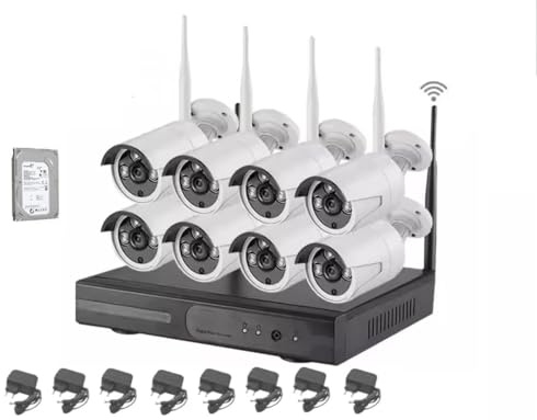 Kit Videosorveglianza 8 Telecamere Canali 5G DVR NVR HD da Interno ed Esterno Impermeabili + Hard Disck da 500GB per Registrare immagine Video, Completo di Mouse Alimentatori Wi-fi Visione Notturna