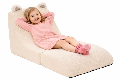 YULEYU Kids Sofa, Fold Out Toddler Sofa Chair, Children Convertible Sofa Bed, Pull Out Couch for Boys and Girls (beige) (White)