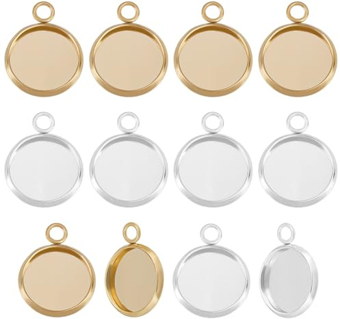 Beebeecraft 1Box 40 Stück Flacher Runder Charm 24 Karat Gold Und Sterlingsilber Plattiert 304 Edelstahl 12 Mm Anhänger Cabochon Einstellungen Für Die Schmuckherstellung Kamee Foto