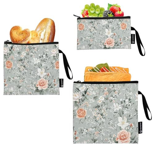 Wudan 3 sacchetti riutilizzabili per snack per bambini, con fiori, rosa, giglio, salvia, grigio, 3 pezzi, sacchetti per alimenti da cucina, per bambini, studenti, adulti