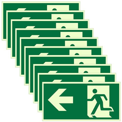 10 Stück Schilder Notausgang, 30 x 15cm Notausgangsschild Nachleuchtend, Langnachleuchtende Schild Notausgangsschild Pfeil links Selbstklebend Fluchtwegschild Rettungsweg