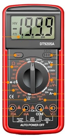 NBDUGQ DT9205A-12 conteggi Multimetro Digitale AC/DC Corrente Tensione Tester Misuratore di Prova Elettrico Multimetro analogico Professionale(DT9205A-12 Red PRO)