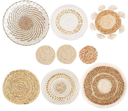 Boho Wall Basket Decor Set de 9, décor de Suspension Murale tissé Plat, Pavillons pavillon Blanc Rond