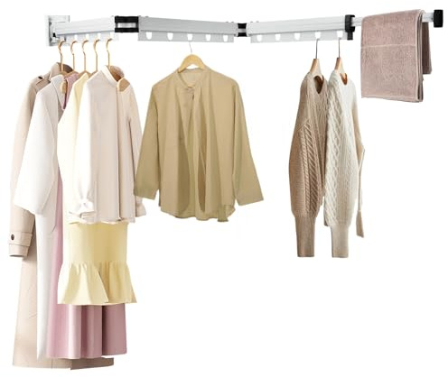 Longzhuo Séchoir à Linge Mural Pliable en 3 Parties, 125cm Étendoir à Linge Retractable Interieur, Tringle à Vêtements Extensible Peu pour Balcon, Buanderie, Salle de Bain, Caravane Extérieure(Blanc)