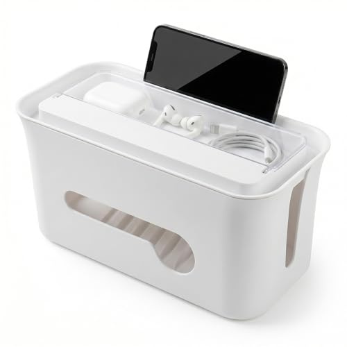 Nymblis Cable Tidy Box, Large Cable Organiser Box, Cable Box with Lid-Featuring Mini Storage case & Front Groove Phone Stand, Desktop Cable Management Box for Hiding Messy Extension Leads and Wires