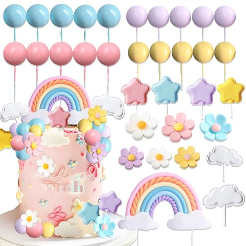 CharmeFleur 33Pcs Boho Cake Decorations Flower Cake Accessories Wedding Celebration Supplies Rainbow Cake Embellishments