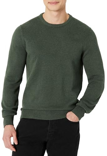 Amazon Essentials Men's Cable Knit Long-Sleeve Crewneck Sweater, 100% Cotton, Big & Tall Options Available, Dark Olive Heather, Large