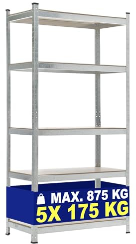 CLP Scaffale Magazzino Alta Portata 875 kg I Scaffale Robusto in Metallo Zincato 5 Ripiani Regolabili I Scaffalatura Garage da Muro, Colore:Argento, Dimensione:90x40x180 cm