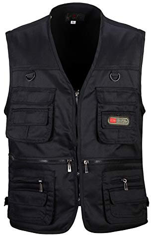 AnyuA Herren Anglerweste Arbeitsweste Colore Solido, Multitaschen Design, mit Reißverschluss Fotografieren Schwarz XXL