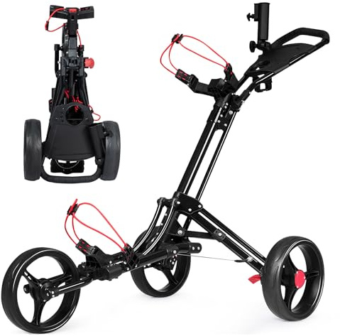 COSTWAY Chariot de Golf 3 Roues Pliable Noiravec Porte-Parapluie et Porte-Tee en Aluminium Frein au Pied et Poignée Rembourrée Ajustable
