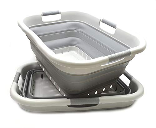 SAMMART 41L (10.8 gallon) Set of 2 Collapsible 3 Handled Plastic Laundry Basket-Foldable Pop Up Storage Container/Organizer-Space Saving Hamper/Basket (2, Grey/Grey)