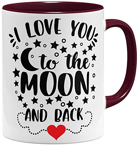 OM3® I love you to the moon and back Liebe Tasse für Partner - Keramik Becher - 11oz 325ml - Beidseitig Bedruckt - Bordeaux