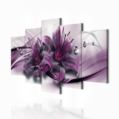 decomonkey Wandbilder Lilie Abstrakt 100x50 cm 5 Teilig Leinwandbilder | Bild auf Leinwand, Kunstdruck, Wanddeko, Wohnzimmer, Wanddekoration, Blumen, violett