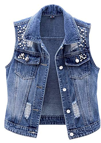 LifeShe Womens Beading Pearls Sleeveless Denim Vest Jean Jacket Coat…