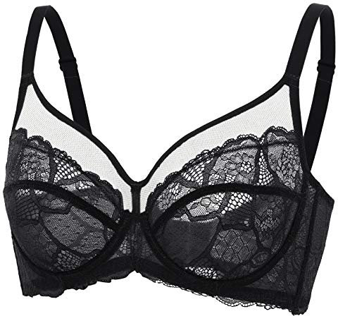 DOBREVA Women's Lace Full Coverage Minimiser Bra Unlined Underwire See Through Plus Size Bra Black 36DD