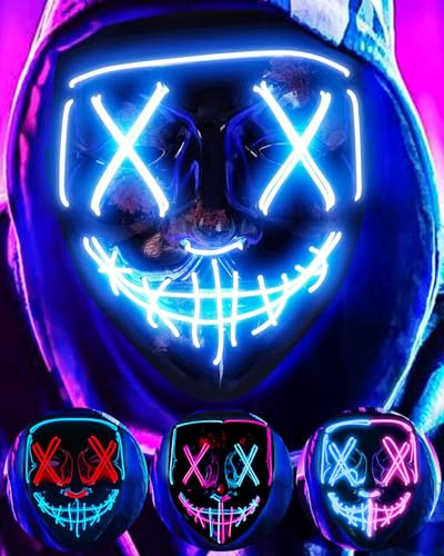 LED Halloweenmask – upplyst mask LED-masker EL-tråd skrämmande mask för maskerad cosplay upplysande ansiktsmask för barn män kvinnor halloween festival fest (blå)