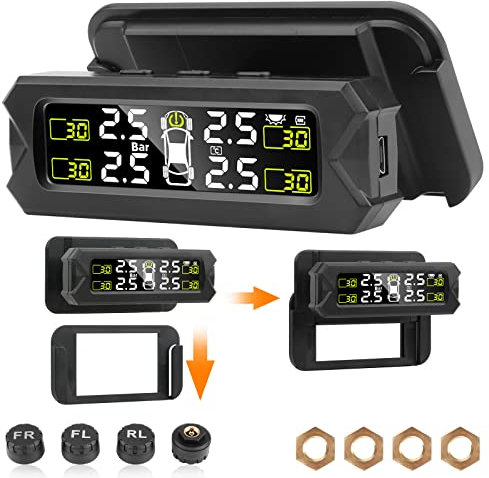 Vtopek TPMS Reifendruckkontrollsystem Solar Abnehmbare Kabellos Reifendrucküberwachungsystem mit 6 Alarmmodi und 4 Externen Reifendrucksensor Echtzeiterkennung Reifendruckkontrollsystem Auto 14-87 Psi