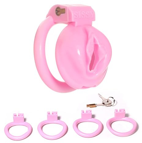 ZWFUN Realistischer Keuschheitsgürtel für Herren Rosa Sex Spielzeug Miniatur-Keuschheitsgürtel Harz für Sissy Cockringe Cock Cage SM Sexspielzeug für Männer Extreme Keuschheit (Big-Mit 4 Ring)