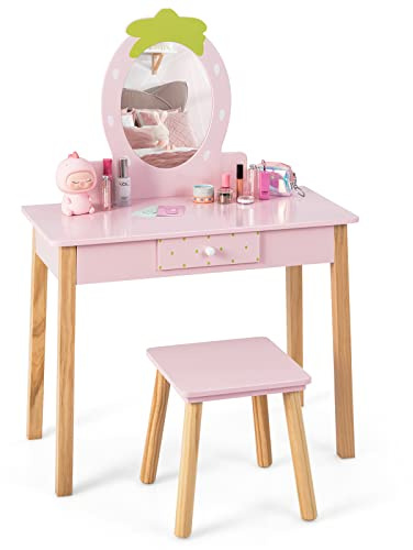 COSTWAY Kids Vanity Table and Stool, Girls Dressing Tables with Mirror, Drawer, Cute Make Up Pretend Dresser Desk Stool Set for Toddlers