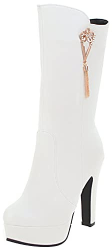 Bottes Mi-Mollet À Talon Bloc Femme, Bottes Habillées Elegant Zip Bottes Longue Talons Hauts Bout Rond, Taille 31-45