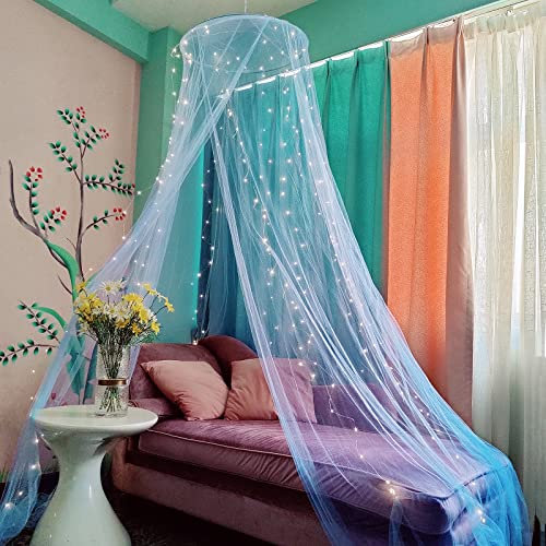 Eimilaly Bed Canopy Mosquito Net with 250pcs Warm White Curtain Lights, Bed Canopy for Girls Room Decor or Theme Party, Blue/Warm White Lights