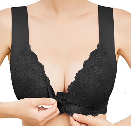 CLOUSPO Women Front Fastening Bra Post Surgery Everyday Daily Wireless Bra Comfortable Zero Feel Yoga Bras (as8, Alpha, x_l, Regular, Regular, Black)