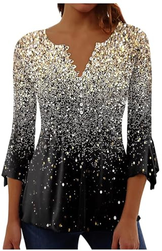 JiJiRuDU Silvester Outfit Damen Glitzer Oberteil Tunika Elegant Pailletten Longshirt 3/4 Arm Festliche Bluse Tunika Sexy V Ausschnitt Pailletten Oberteile Langarmshirt Party Glitzer Longblusen Top