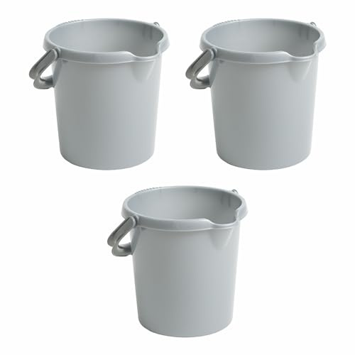 Set of 3- High Grade Durable 5L Litre Silver Plastic Bucket With Spout Easy-Grip Handle & Litre Scale Multipurpose Water Bucket Storage Bucket Beach Bucket For Cleaning Gardening Kitchen Food Storage