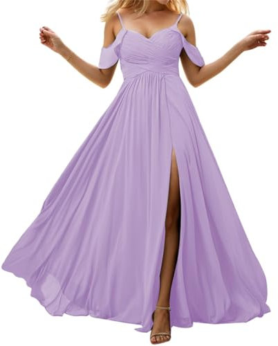 Vestido largo de gasa para dama de honor con abertura, hombros descubiertos, acampanado, formal, para fiesta de noche, con bolsillos, Lila, 36