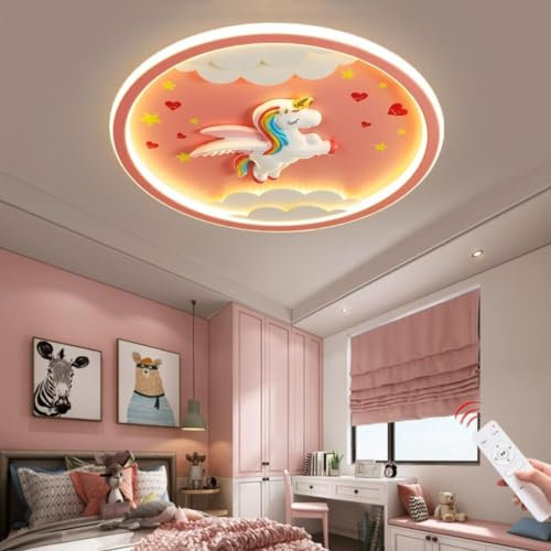 WJLL LED Deckenlampen Kinderzimmer Leuchte Dimmbar Deckenleuchten für Kinder 72W Rosa Einhorn Dekorative Kinderlampe 50CM Metall Kronleuchter Mädchen Zimmer Schlafzimmer Beleuchtung Decke Lampe