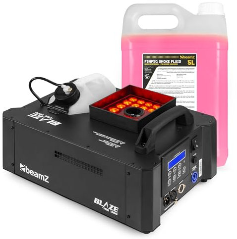 Beamz BLAZE1200 – Máquina de Humo CO2 1200W con Leds RGBA, Control DMX 8 Canales, Disparo Vertical y Horizontal, Mando inalámbrico y por Cable, depósito 2800ml, 5L incluidos